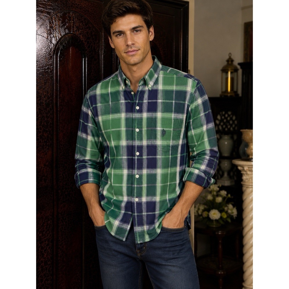 Chaps Mens Easy Care Long Sleeve Gingham Plaid Button Down Shirt Green Navy L
